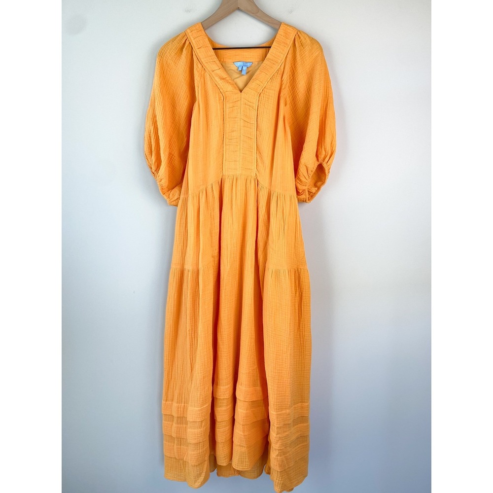 Draper James Chloe V Neck Midi Dress S Orange Crinkle Cotton Tiered Puff Sleeve - Picture 2 of 12